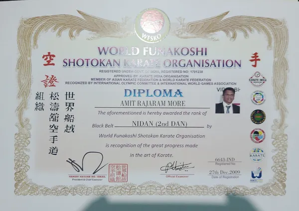 Official World Funakoshi Shotokan Karate Organisation Black Belt Nidan (2nd Dan) Diploma awarded to Sensei Amit More