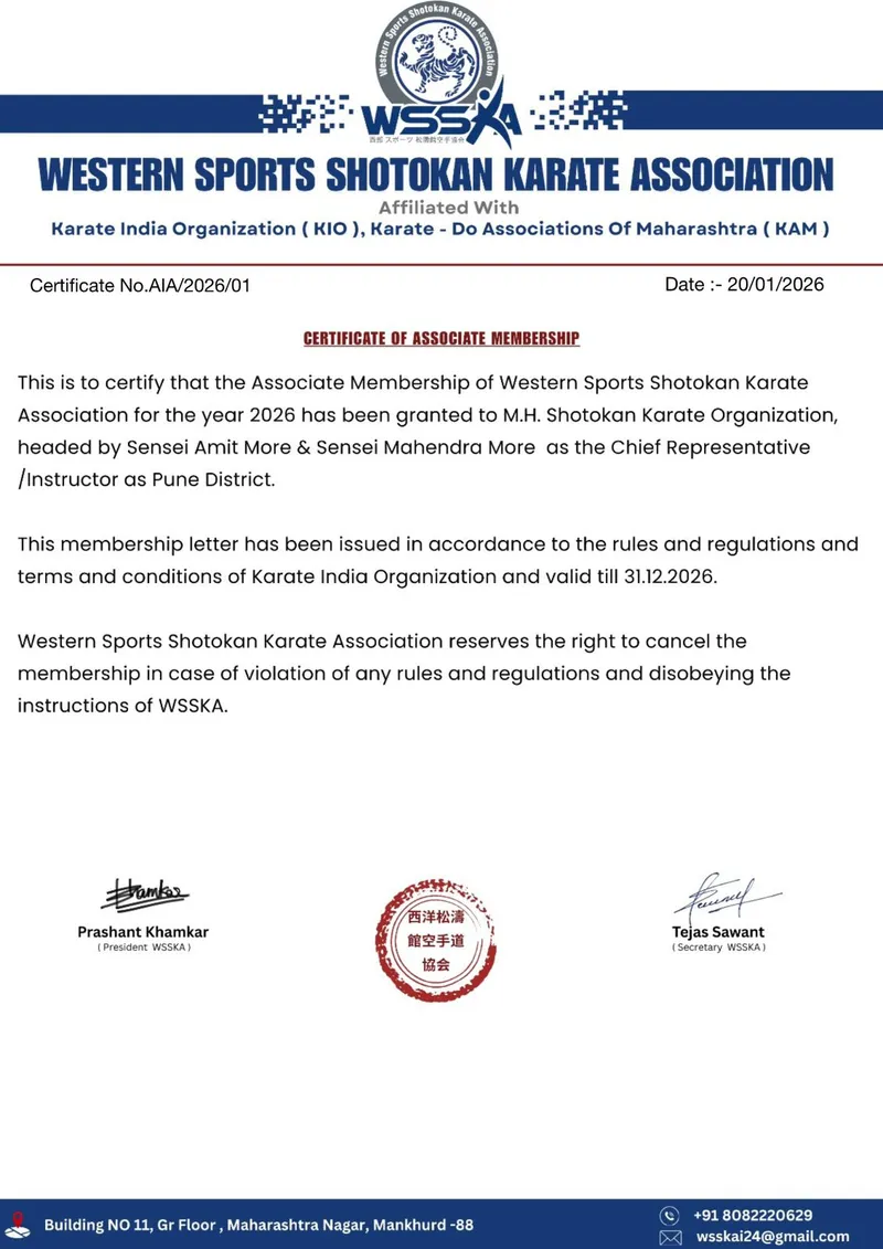 World Sports Shotokan Karate Association of India affiliation registration certificate for MSKO