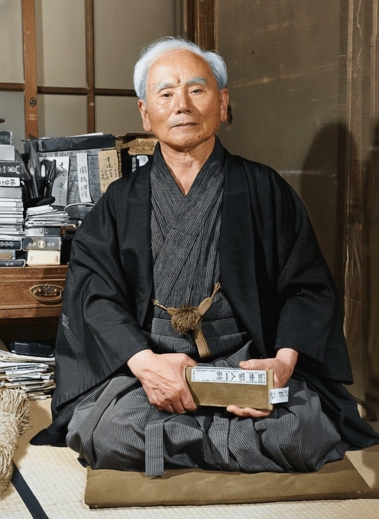Okinawan Grandmaster Gichin Funakoshi, Founder of Shotokan Karate, training portrait